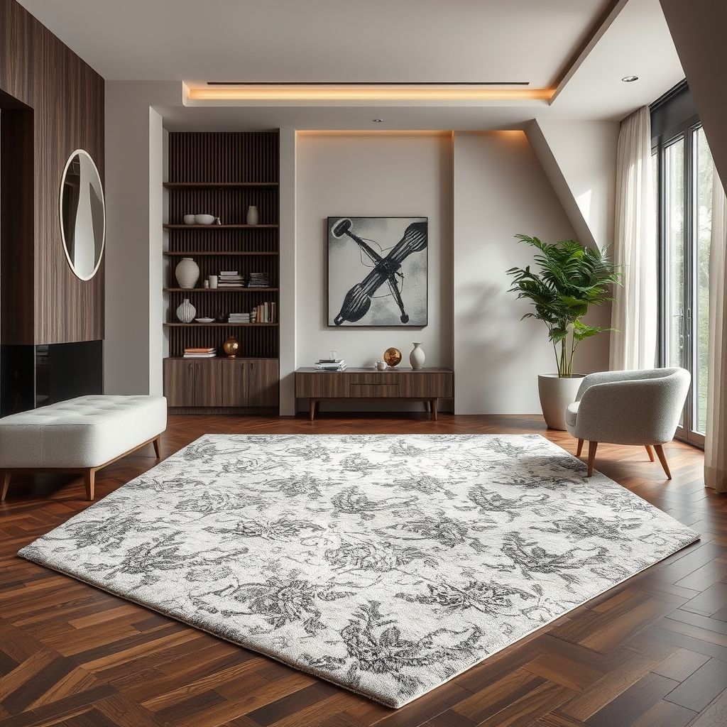 Un tapis élégant aux motifs détaillés est exposé dans un intérieur moderne, illustrant la qualité et le savoir-faire de Legrandasol.