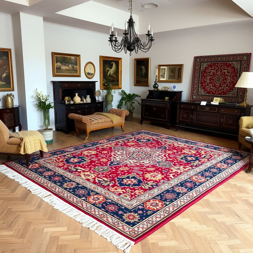 Un tapis classique aux motifs traditionnels richement colorés est exposé dans un salon chaleureux, mettant en valeur son authenticité et sa qualité artisanale.