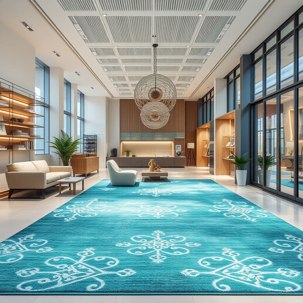 Un plan rapproché montre un tapis turquoise texturé aux motifs raffinés, exposé dans une boutique moderne et lumineuse, mettant en valeur la qualité et la richesse des fibres naturelles utilisées.