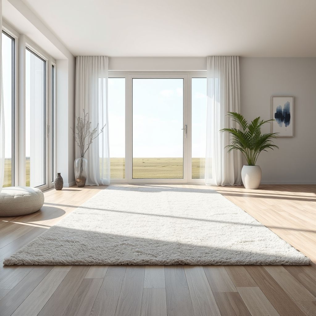 Un intérieur contemporain mettant en avant un tapis élégant sur un sol clair, illustrant l'excellence et le design distingué de la marque Legrandasol.