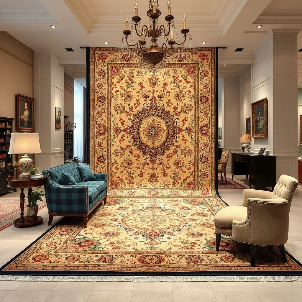 Un tapis traditionnel richement décoré exposé dans un salon élégant, illustrant la finesse des motifs et la qualité des matériaux.