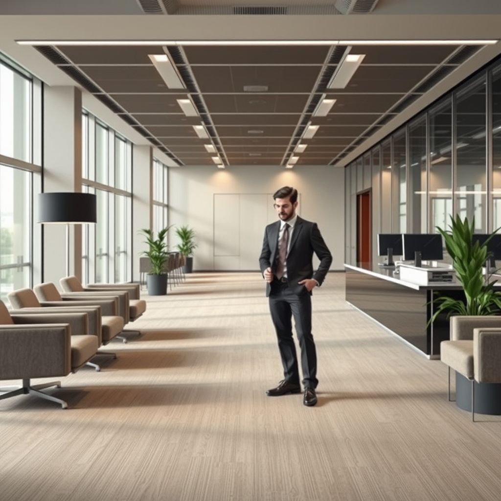 Un professionnel en tenue soignée inspecte un grand tapis dans un bureau moderne, illustrant le soin apporté à l'entretien et au choix des produits haut de gamme pour les espaces professionnels.