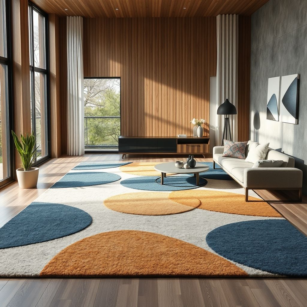 Un tapis moderne aux formes géométriques est installé dans un intérieur contemporain lumineux, soulignant son style et sa finition haut de gamme.