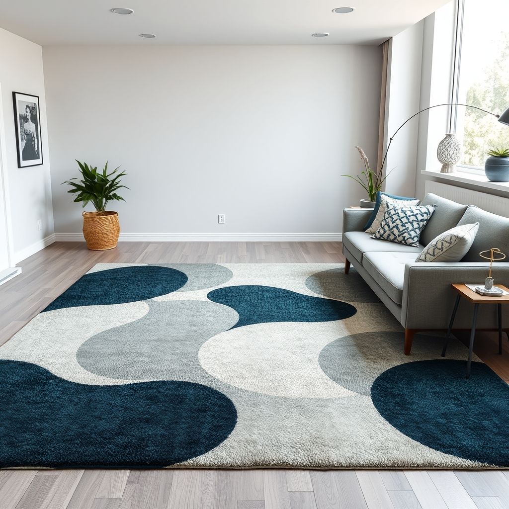 Un tapis contemporain aux formes géométriques vives posé dans un intérieur moderne, illustrant le mariage du design et du confort.