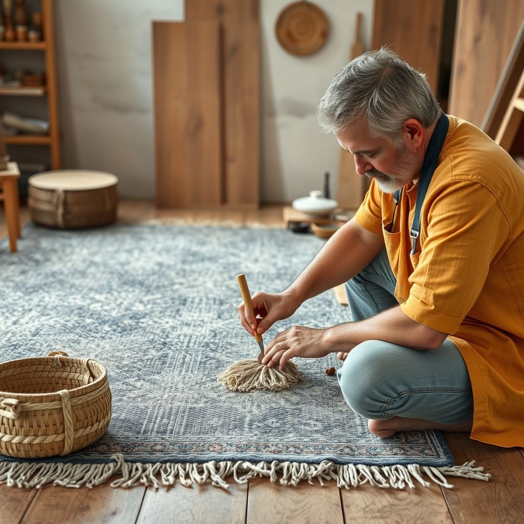 Un artisan travaille avec minutie sur un tapis personnalisé, soulignant le savoir-faire et l'attention aux détails.